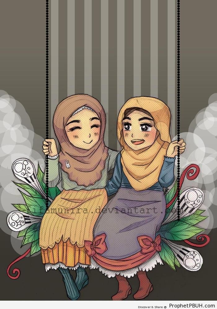 Muslim Girls on Swing (Drawing) - Drawings 