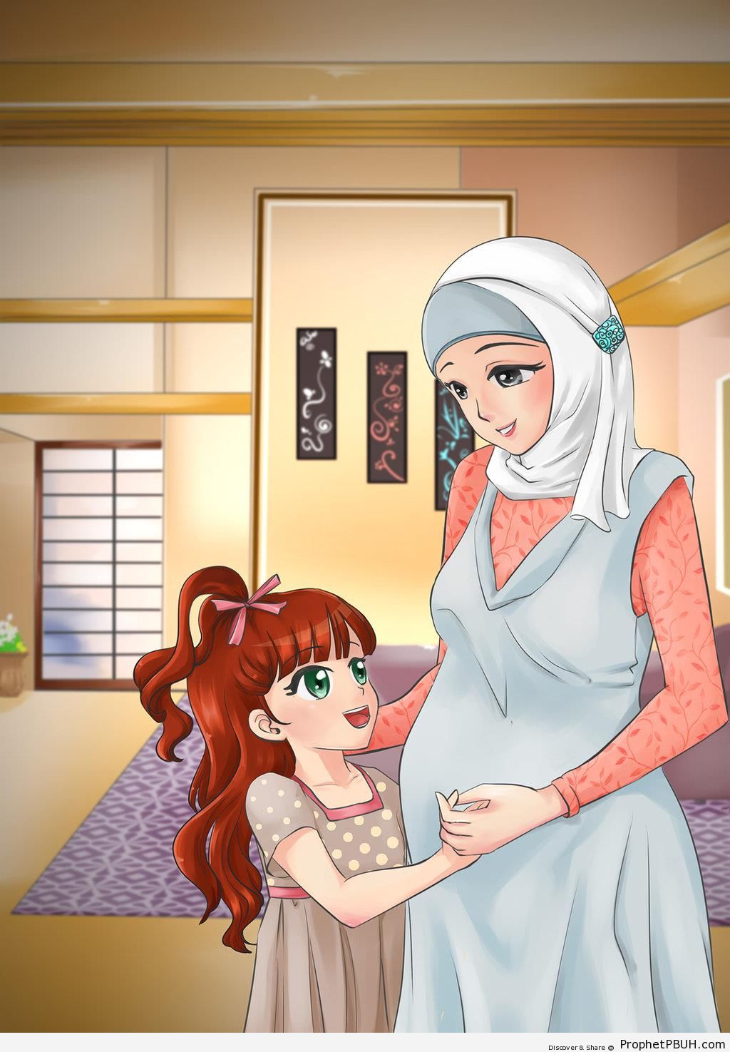 Muslim Mother and Daughter (Anime-Style Drawing) - Drawings 