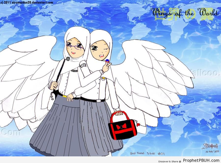 Muslim Schoolgirls With Wings - Drawings 