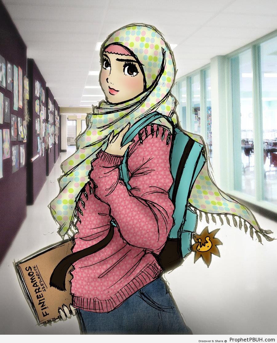 Muslim Student in Hijab in School Hallway - Drawings 