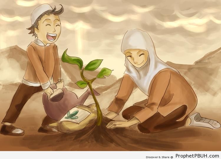 Muslim Woman and Boy Planting Tree - Drawings 