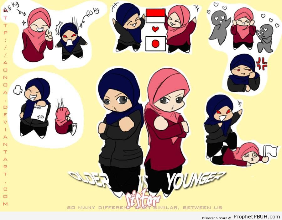 Muslim Younger and Older Sisters - Drawings 