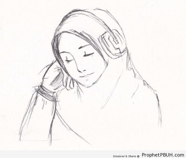 Muslimah With Headphones (Line Drawing) - Drawings