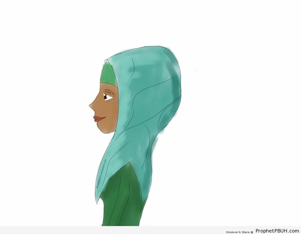 Muslimah in Blue and Green Costume - Drawings 