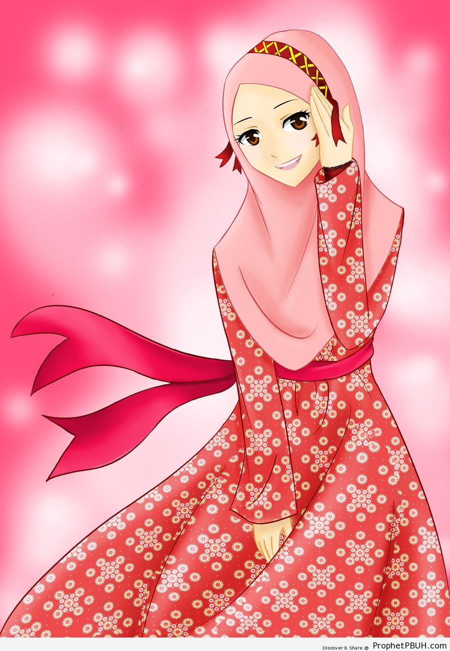 Muslimah in Pink Hijab on Pink (Manga & Anime Style) - Drawings 