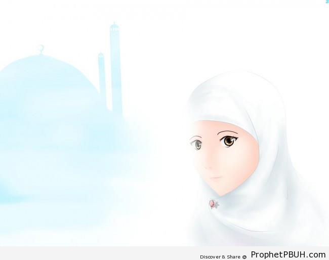 Muslimah in White Hijab & Mosque - Drawings