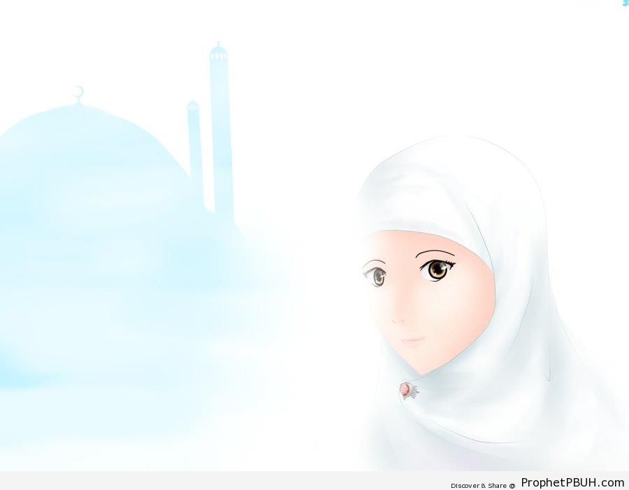 Muslimah in White Hijab & Mosque - Drawings 