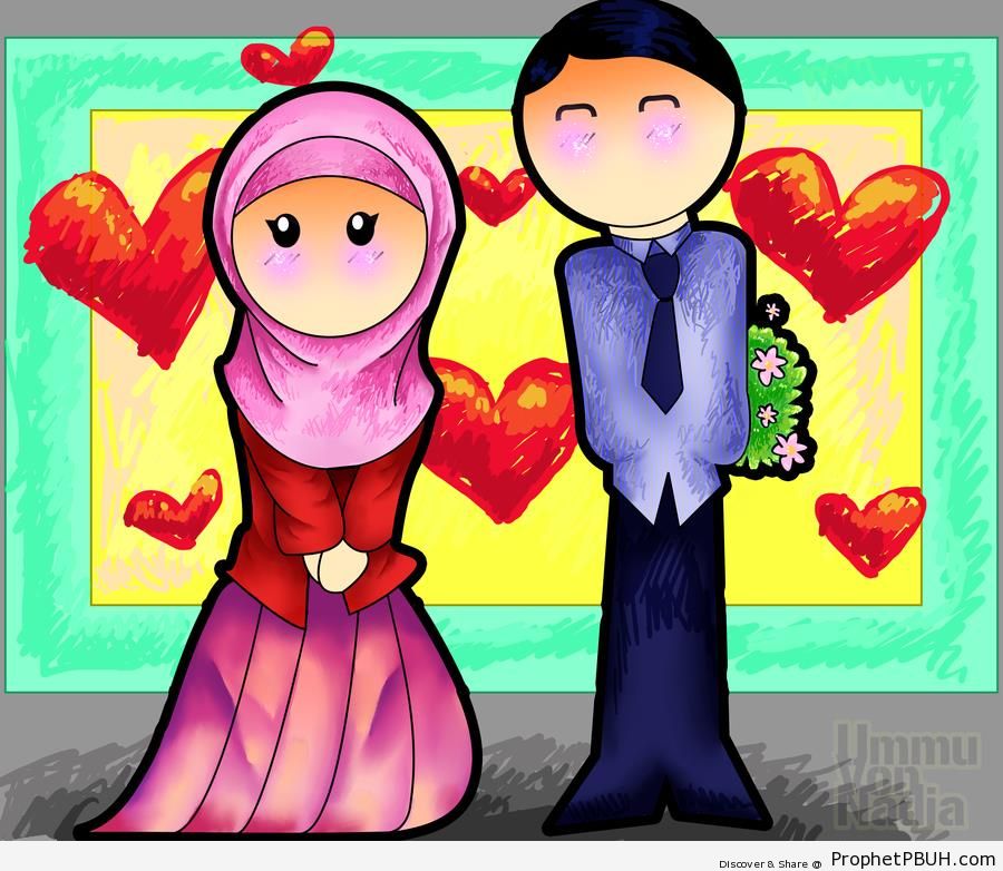 Muslims in Love (Muslim Husband and Wife Couple Drawing) - Drawings 