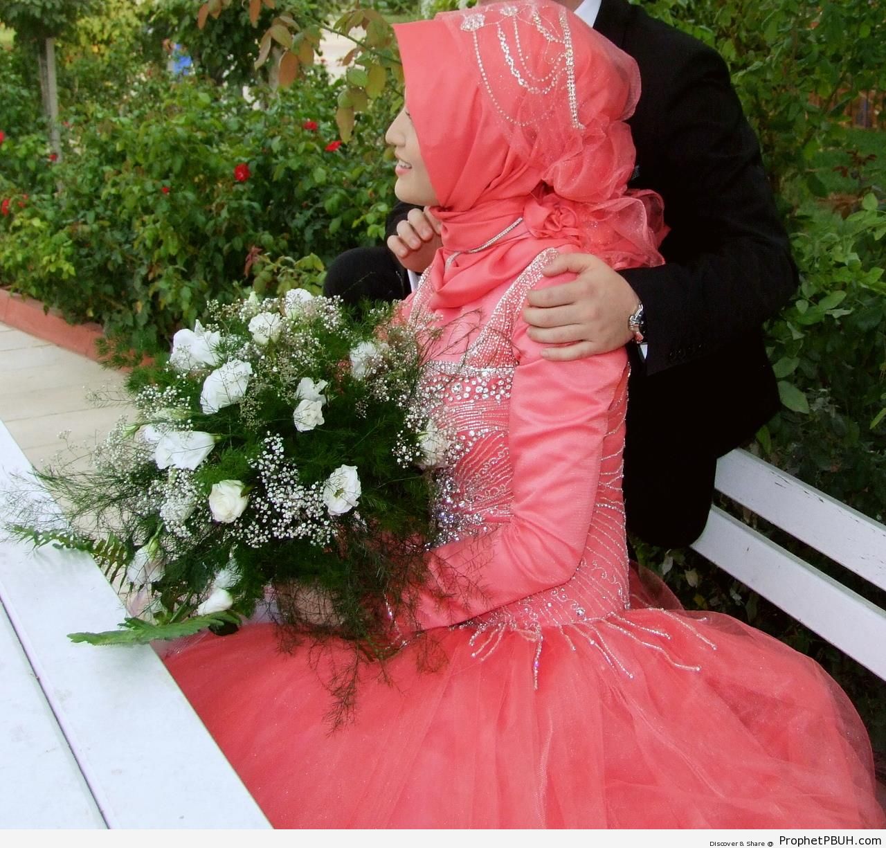 Newly Wed Muslim Couple With Bride in Coral Red Wedding Dress - Muslimah Photos (Girls and Women & Hijab Photos) -