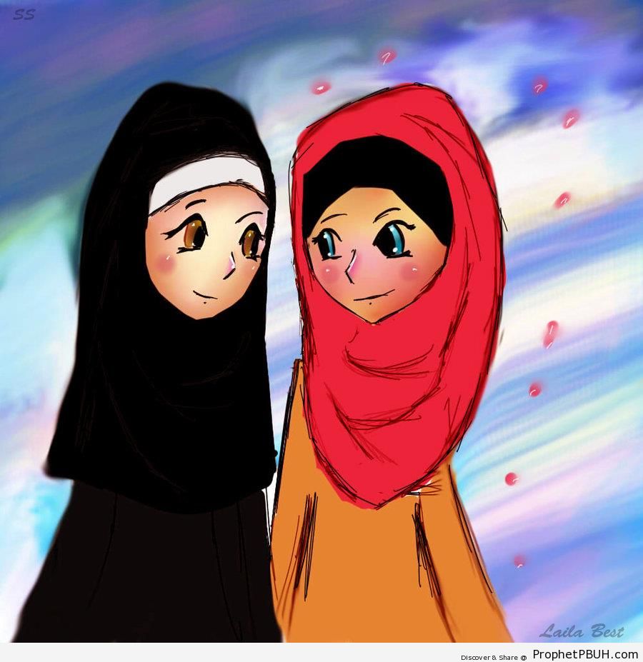 Nun and Muslim Woman in Hijab - Drawings 