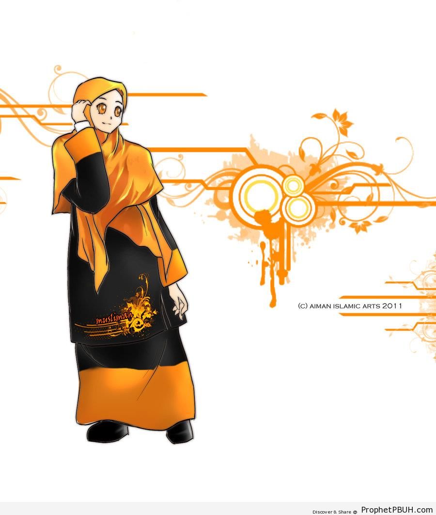 Orange and Black Hijab - Drawings 