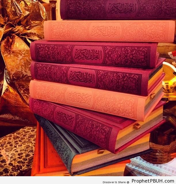 Photo of Colorful Stack of Mushafs - Mushaf Photos (Books of Quran)