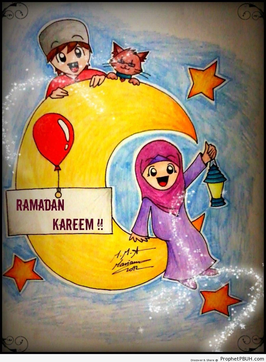 Ramadan Greeting With Muslim Children & Crescent Drawing - Drawings 