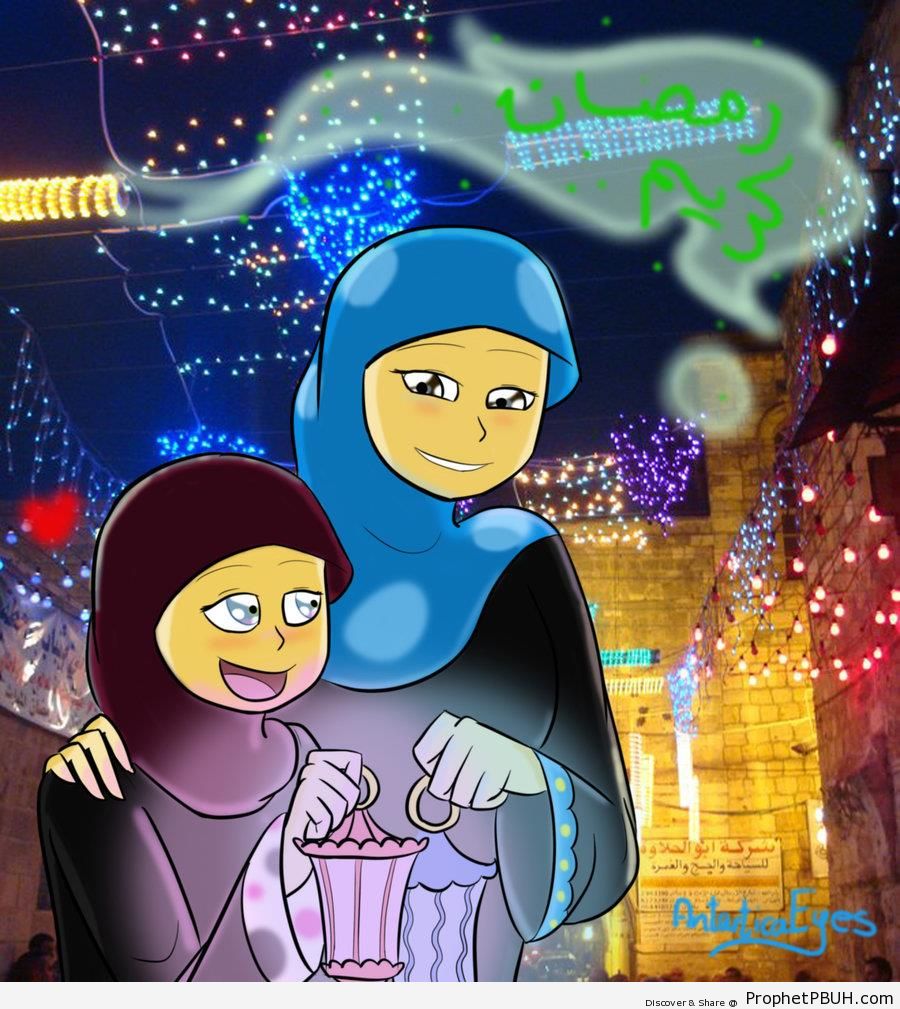 Ramadan Kareem Poster With Drawing of Two Muslim Women - Drawings 