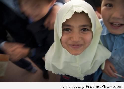 Smiling Afghan Girl in White Hijab - Afghanistan Islamic Architecture