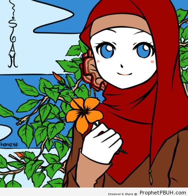 Smiling Blue-Eyed Muslimah Holding Flower (Manga Drawing) - Drawings