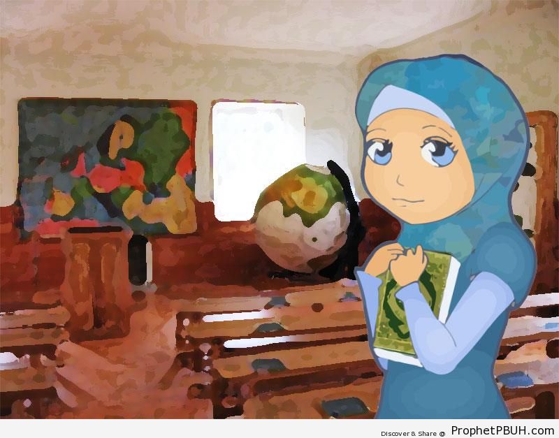 Student Girl With Quran - Drawings 