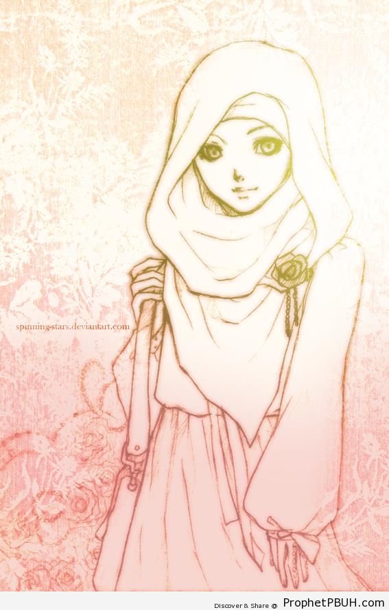 Stylish Hijabi Girl Drawing With Bag - Drawings