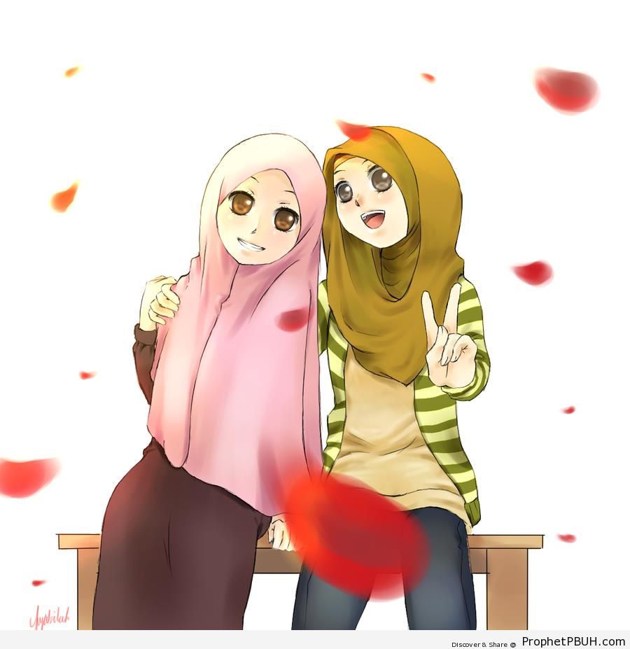Sweet Muslim Sisters (Manga & Anime Style Drawing) - Drawings 