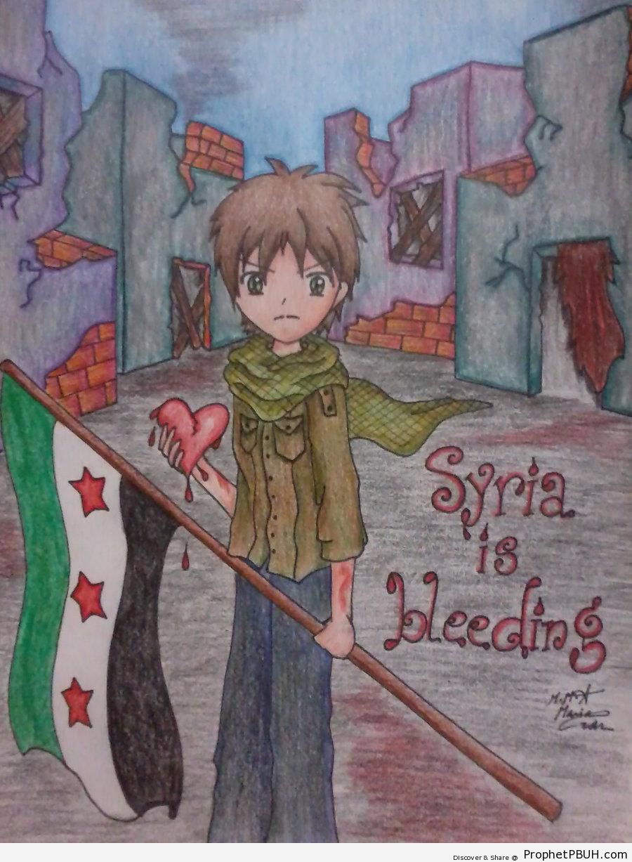 Syrian Boy Holding Free Syria Flag - Drawings 