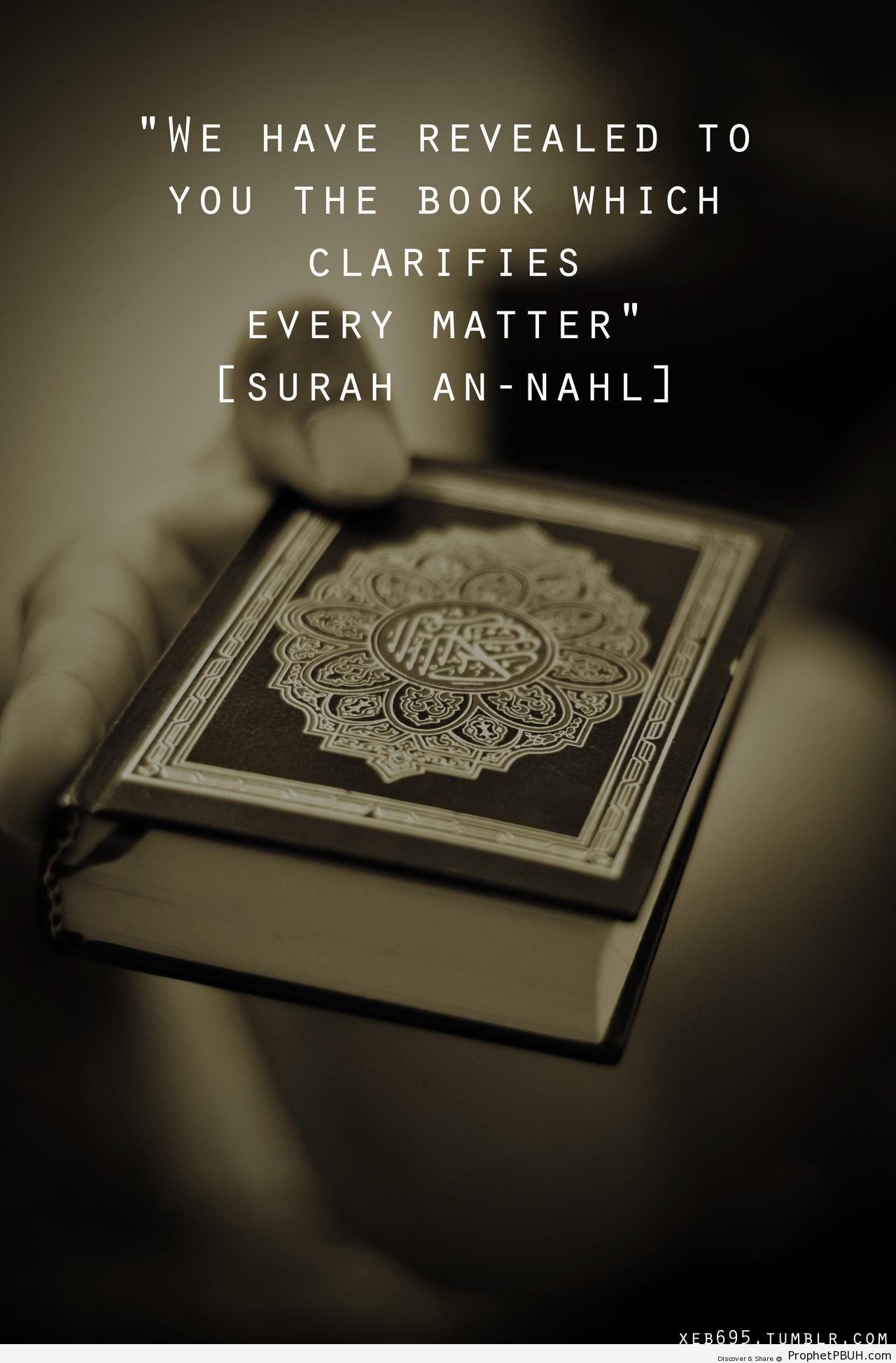 The Book Which Clarifies Every Matter [Quran 16-89; Surat an-Nahl with Mushaf in the Background] - Mushaf Photos (Books of Quran) 