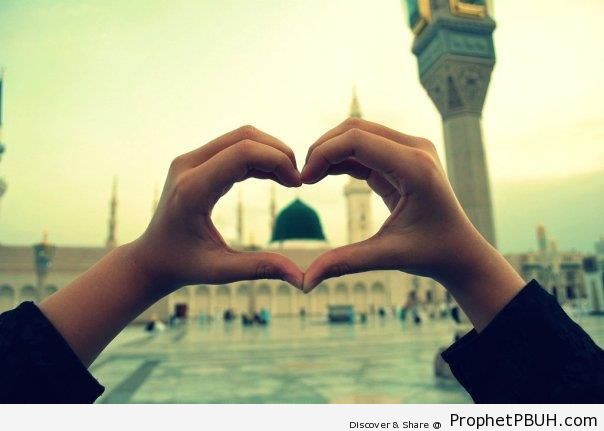 The Prophet-s Mosque Through Heart Hand Gesture - Al-Masjid an-Nabawi (The Prophets Mosque) in Madinah, Saudi Arabia