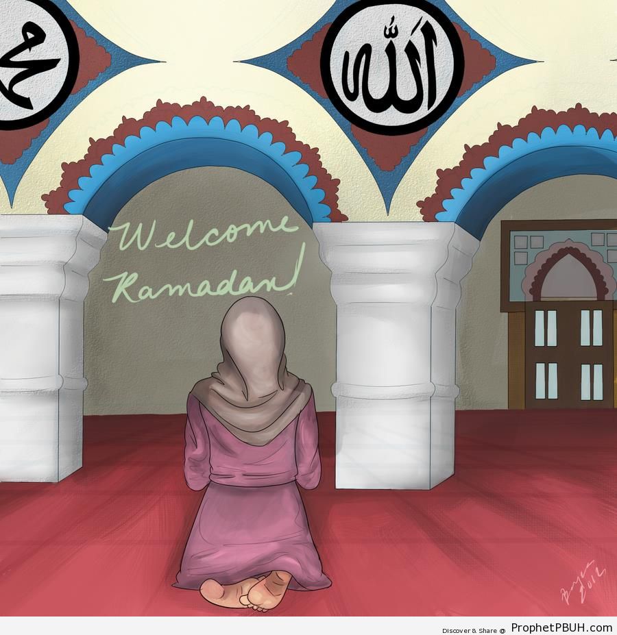 Welcome Ramadan Greeting With Drawing of Muslimah Woman Praying at Mosque - Allah Calligraphy and Typography 