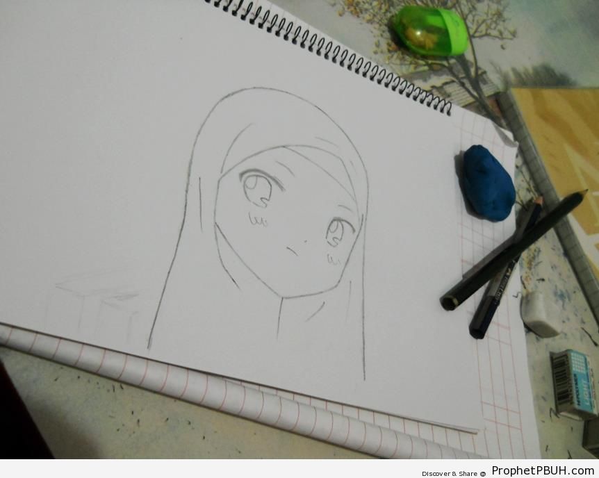 Young Muslim Girl Line Drawing - Drawings 
