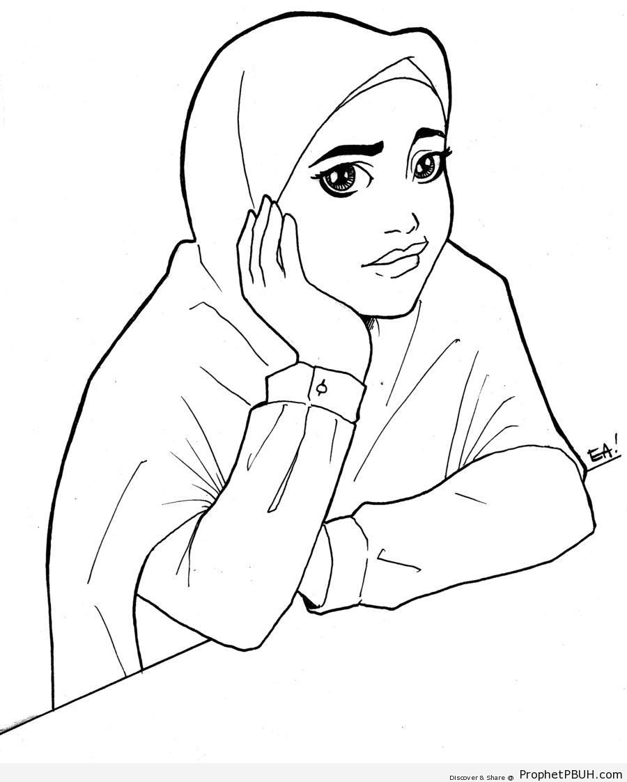 Young Muslimah Line Art - Drawings 