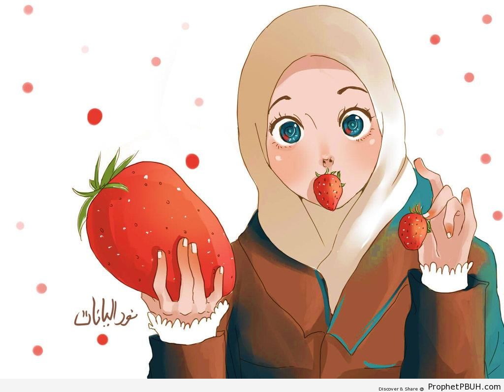 Anime Girl Eating Strawberries - Drawings 