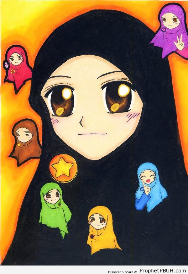 Anime Girl in Black Hijab Surrounded by Chibi Expressions - Chibi Drawings (Cute Muslim Characters)