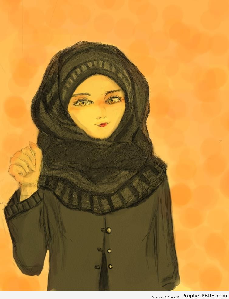 Anime Girl in Gulf Style Black Hijab and Abaya - Drawings 
