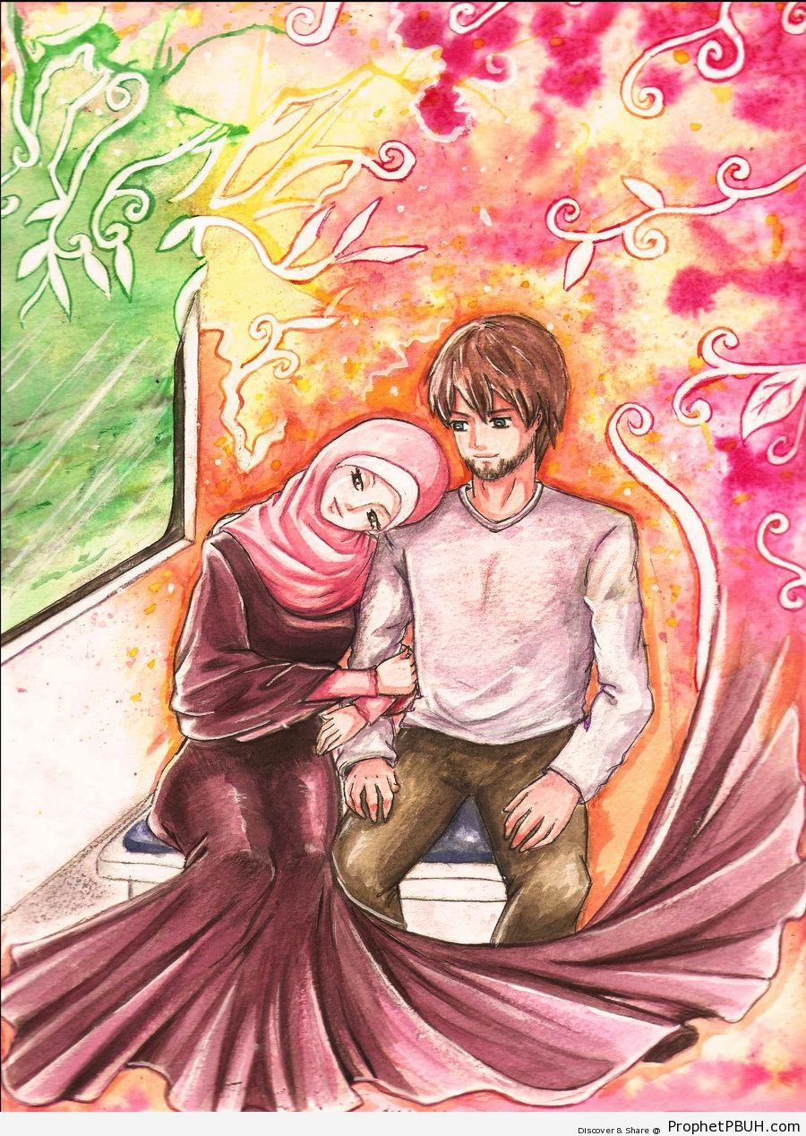 Anime Loving Muslim Couple on Train - Drawings 