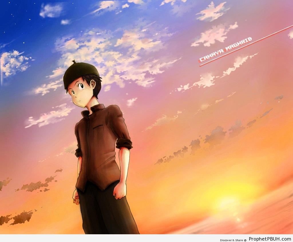 Anime Muslim Boy at Sunset - Drawings 