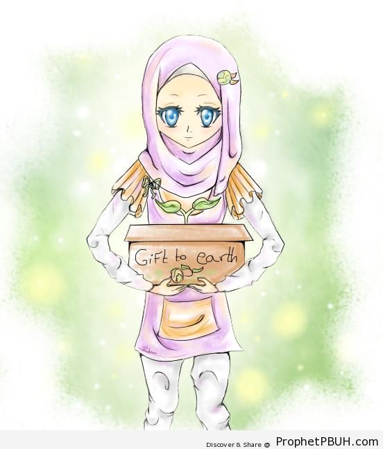 Anime Muslim Woman Saving Earth - Drawings