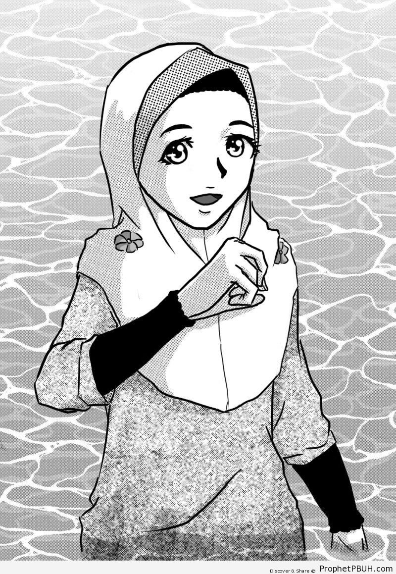 Anime Muslim Woman in Water - Drawings 