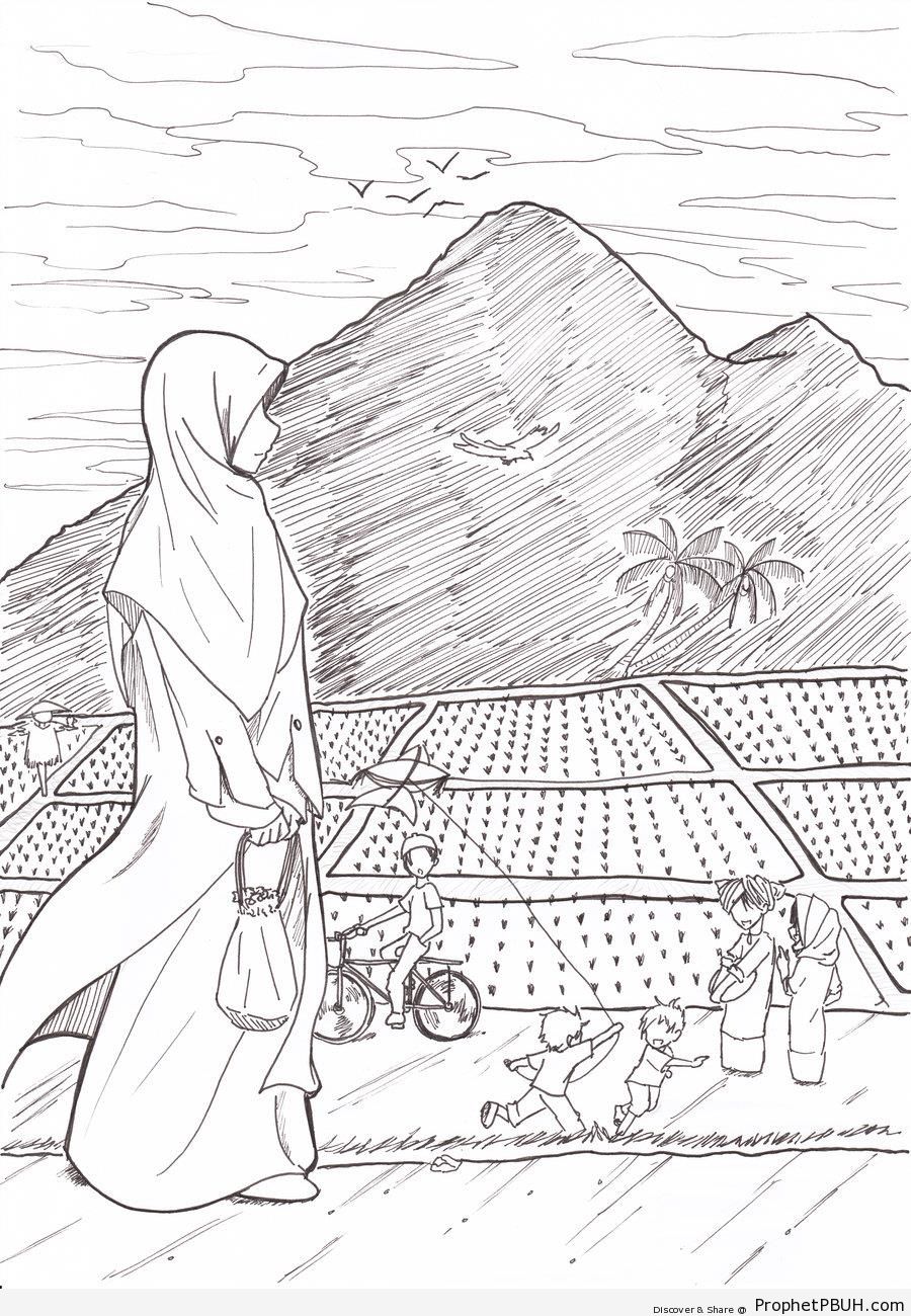Anime Muslimah Walking by Mountains and Fields - Drawings 