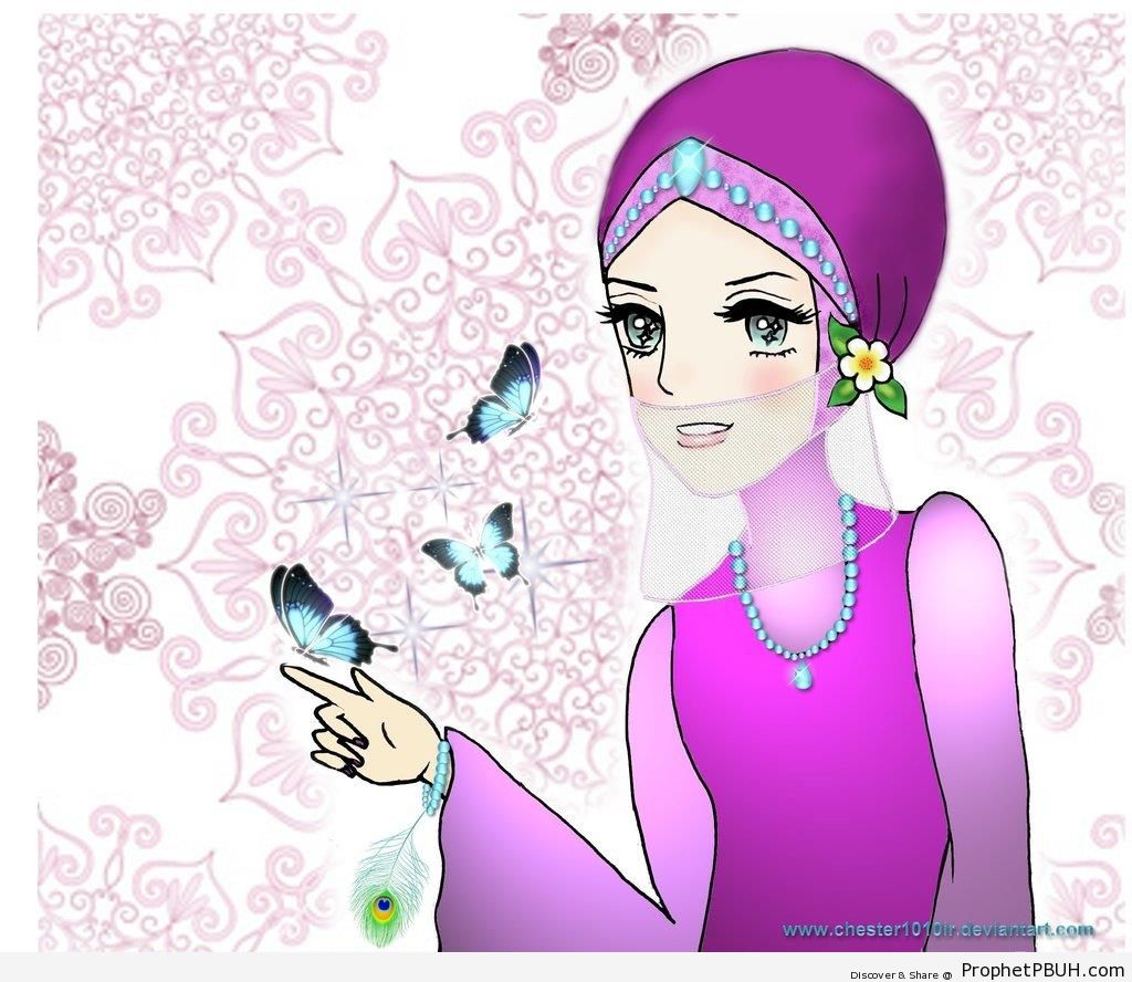 Anime Muslimah in Violet Hijab With Transparent Veil - Drawings 