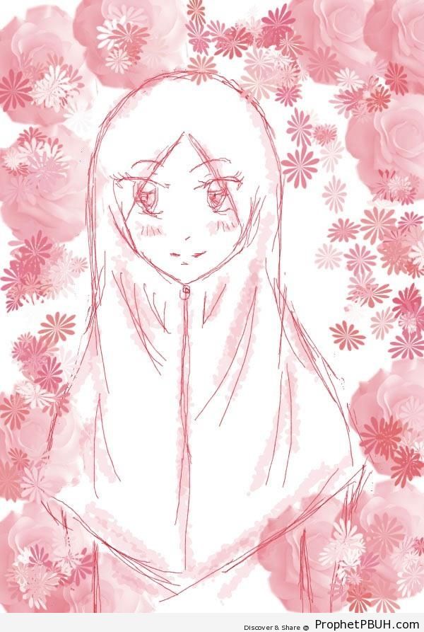 Anime Woman and Flowers - Drawings
