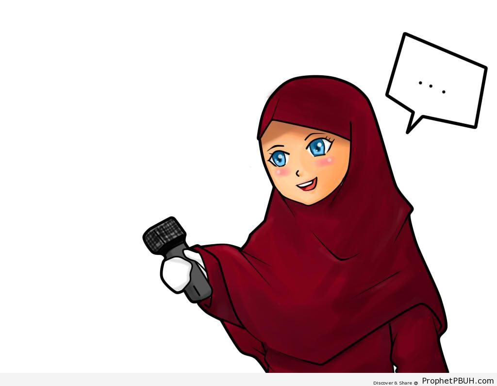 Blue-Eyed Muslimah Holding Microphone (Manga Drawing) - Drawings 