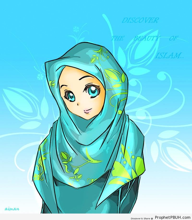 Blue Hijab With Organic Decorations - Drawings 
