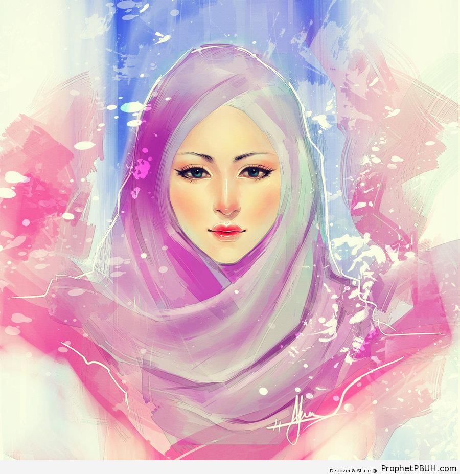 Blue, Violet, and Pink Hijab Drawing - Drawings 