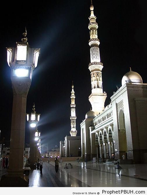 Brightly Lit Night at the Mosque of the Prophet - Al-Masjid an-Nabawi (The Prophets Mosque) in Madinah, Saudi Arabia