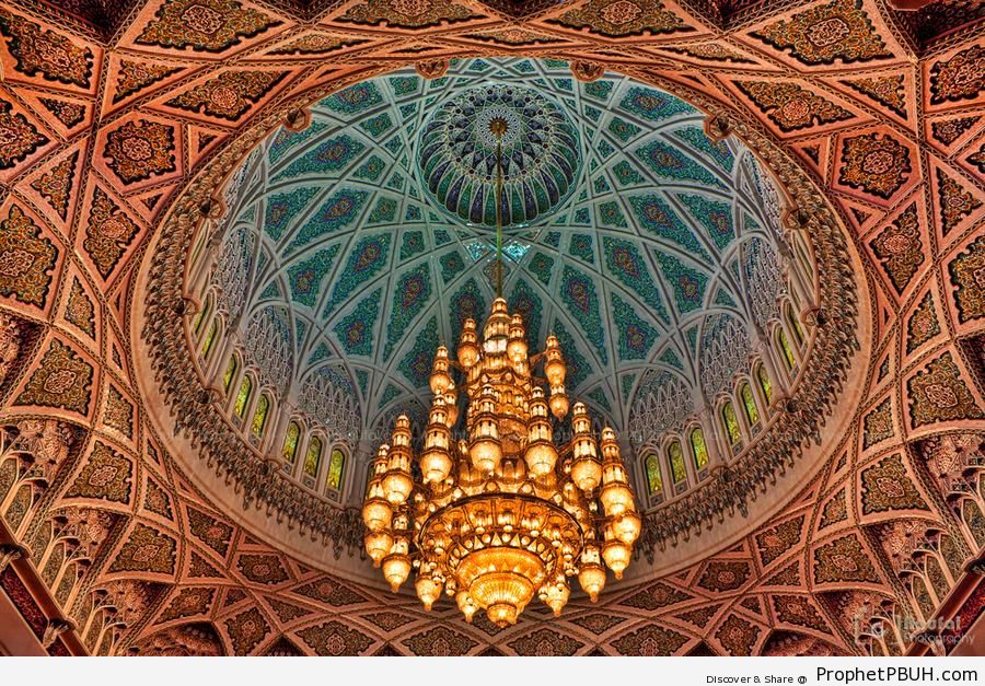 Chandelier and Dome Interior at Sultan Qaboos Grand Mosque in Muscat, Oman - Islamic Architecture -Picture