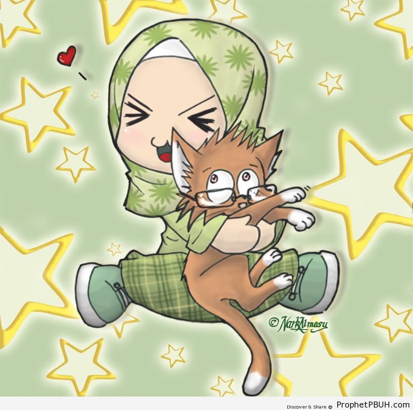 Chibi Hijabi Little Girl With Cat in Glasses - Chibi Drawings (Cute Muslim Characters) 