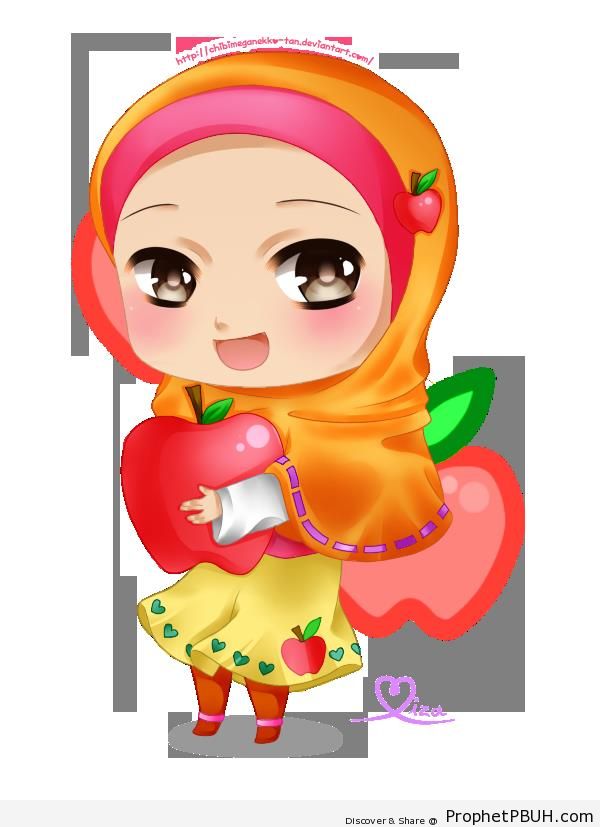 Chibi Hijabi With Apple - Chibi Drawings (Cute Muslim Characters)