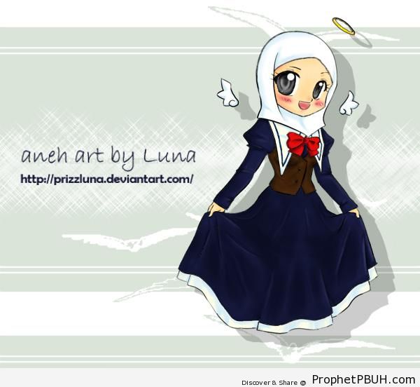 Chibi Muslimah in Navy Blue Dress and White Hijab - Chibi Drawings (Cute Muslim Characters)