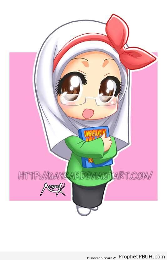 Chibi Nerd Girl With Glasses and Book - Chibi Drawings (Cute Muslim Characters)