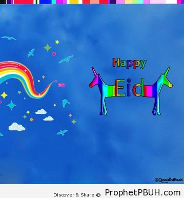 Colorful Happy Eid with Rainbows and Unicorns - Eid Mubarak Greeting Cards, Graphics, and Wallpapers