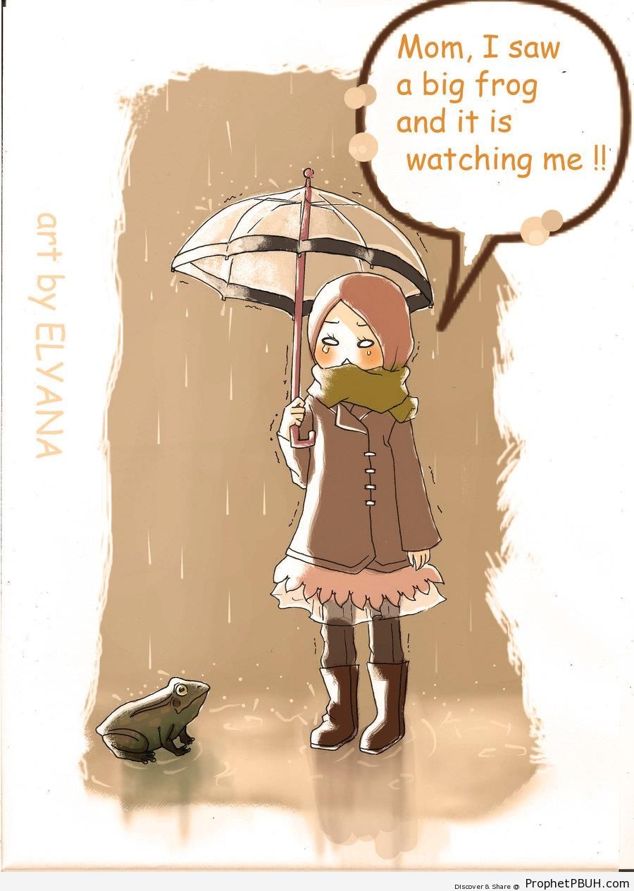 Crying Muslim Girl in the Rain & Frog - Drawings 